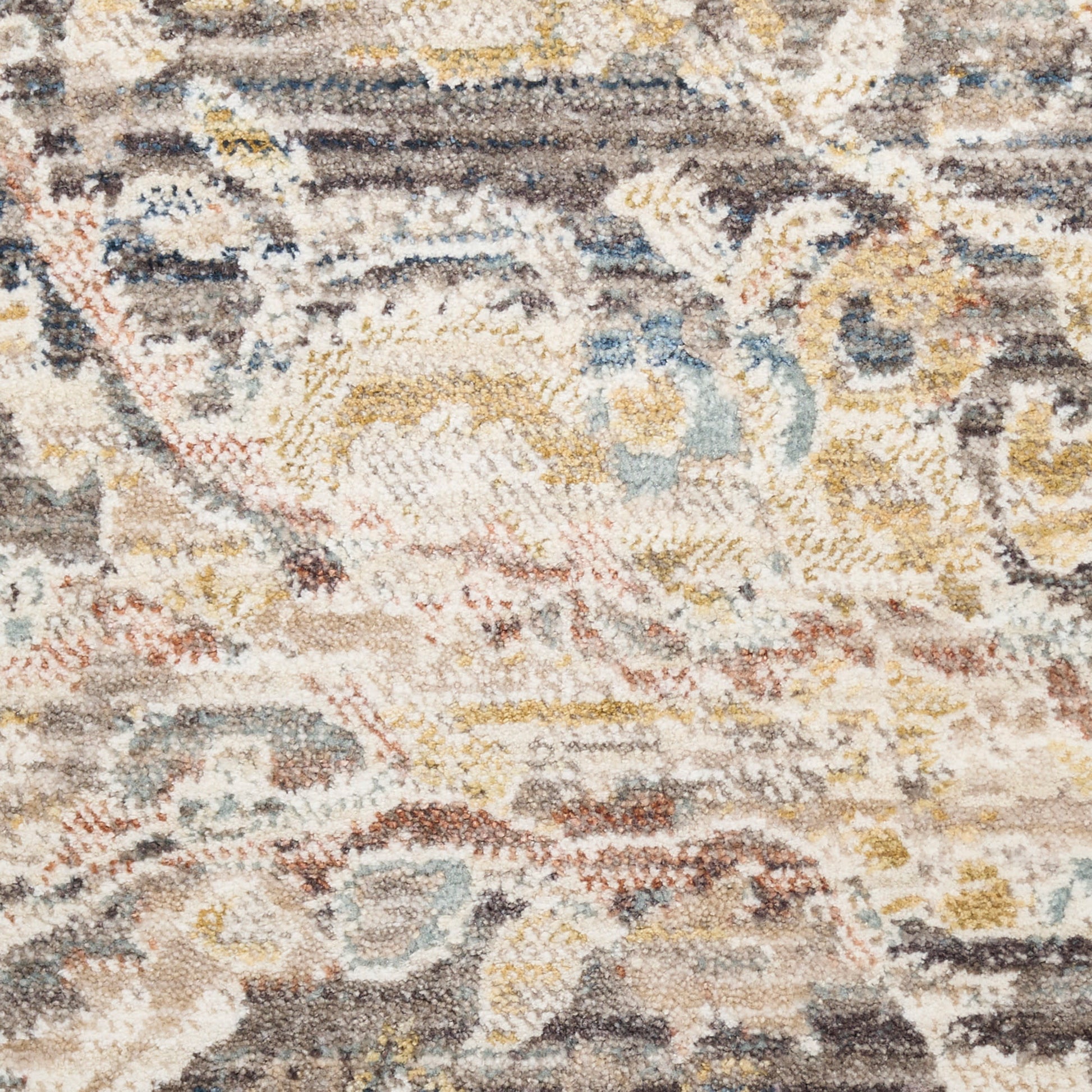 Distressed vintage-style 10' runner rug with abstract floral and geometric pattern in cream, beige, blue, gold, and gray.