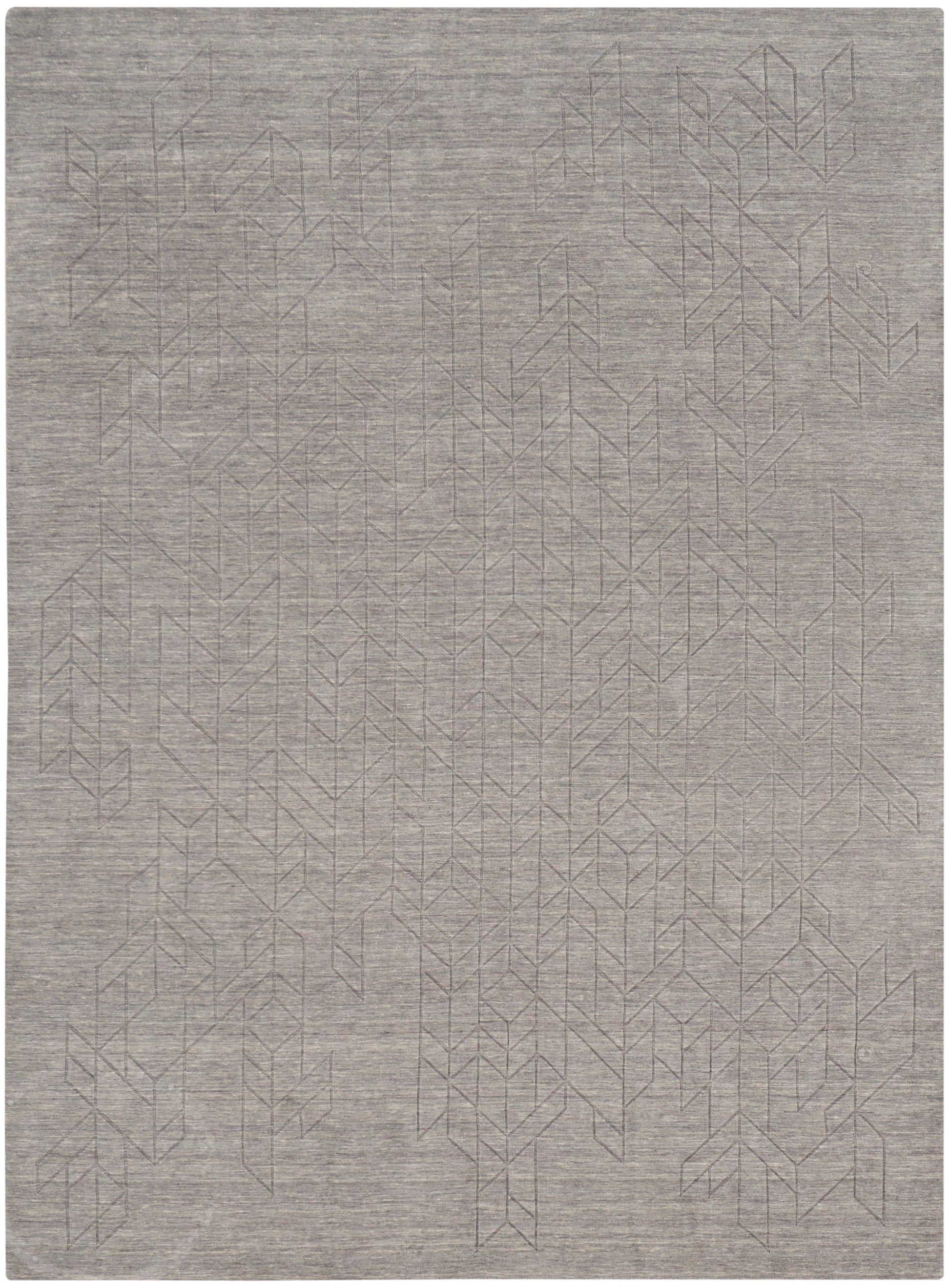Light gray area rug with a subtle geometric line pattern, modern flat-weave style for living room or bedroom.
