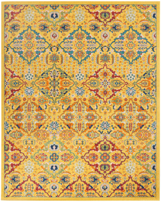 Yellow oriental rug with intricate multicolor floral medallions, teal, red, blue and orange accents, bordered edges.