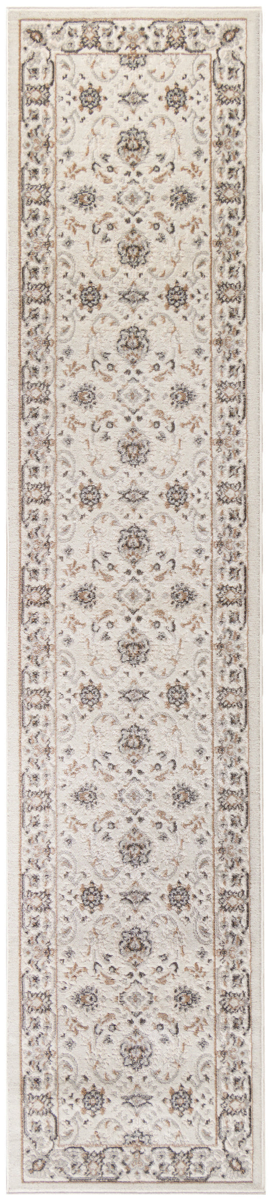 Cream oriental 8' runner rug with blue-gray floral motifs and an ornate border.