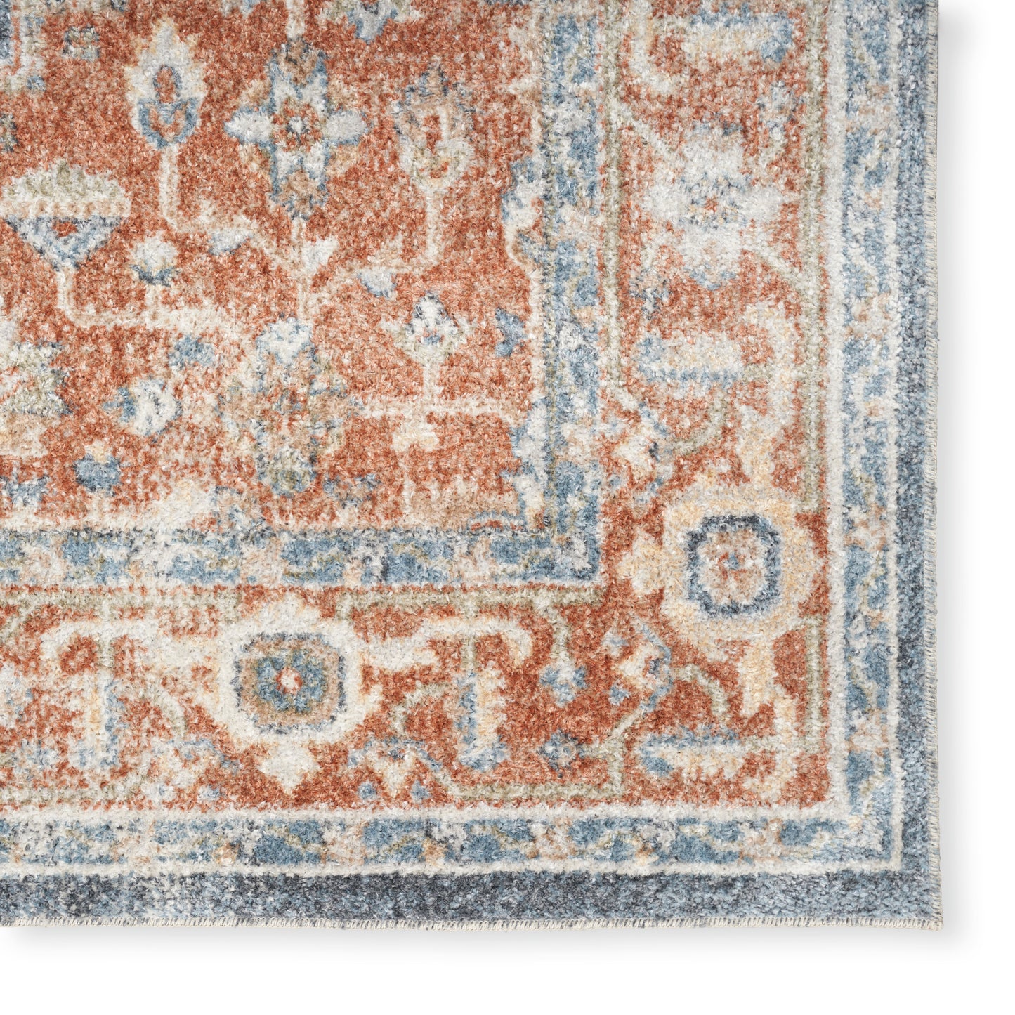 Rust-orange oriental area rug with blue and ivory border and floral medallion motifs, plush pile.