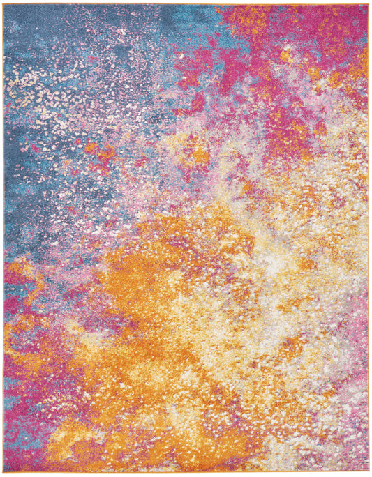 Rectangular abstract area rug with blue, pink, orange and yellow splash patterns; plush shaggy texture.