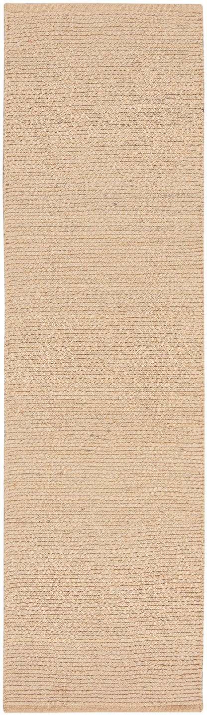 Beige textured rug runner with horizontal loop pattern, rectangular floor mat.