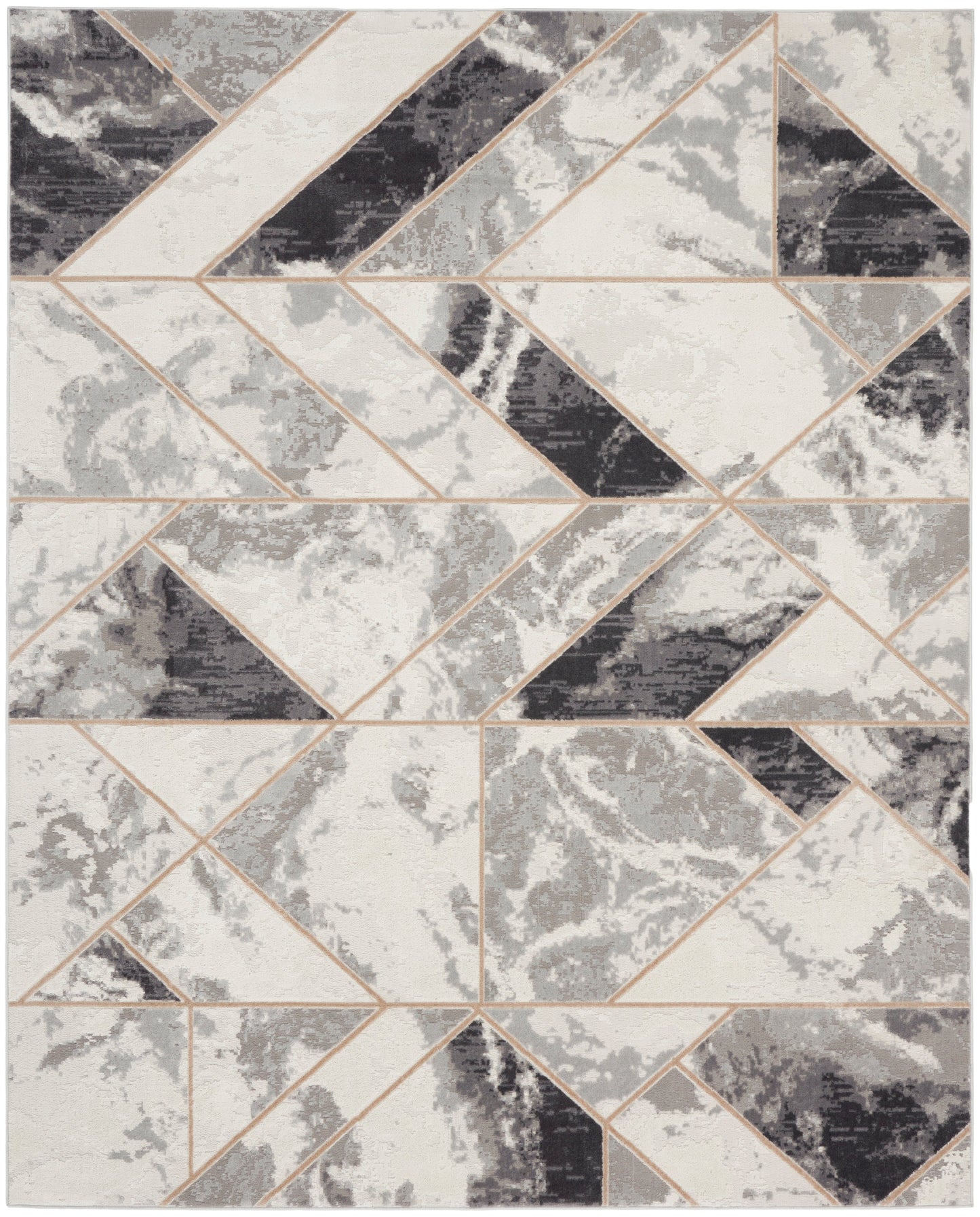 Geometric area rug with gray, black and ivory triangles outlined in tan lines; modern chevron mosaic.