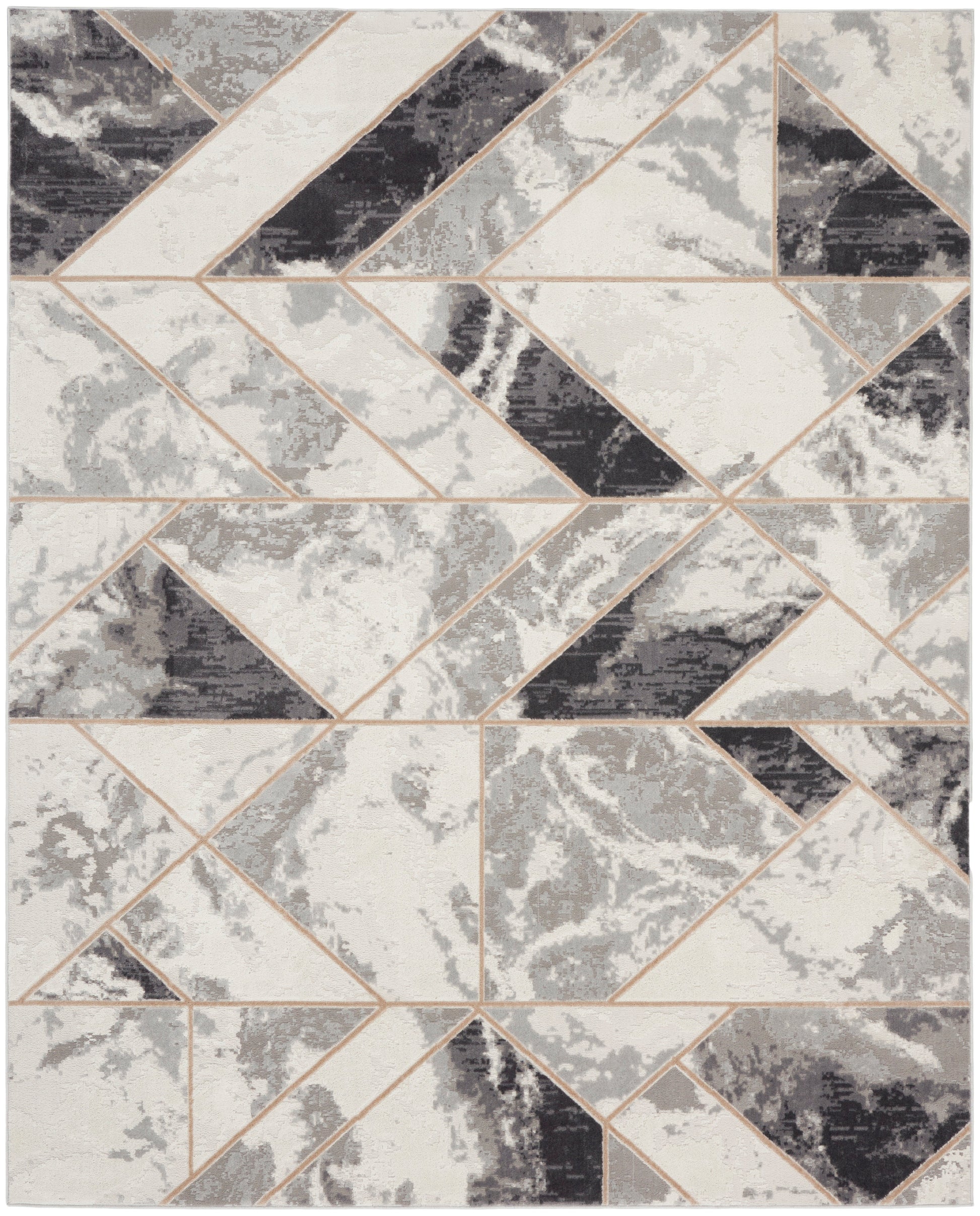 Geometric area rug with gray, black and ivory triangles outlined in tan lines; modern chevron mosaic.