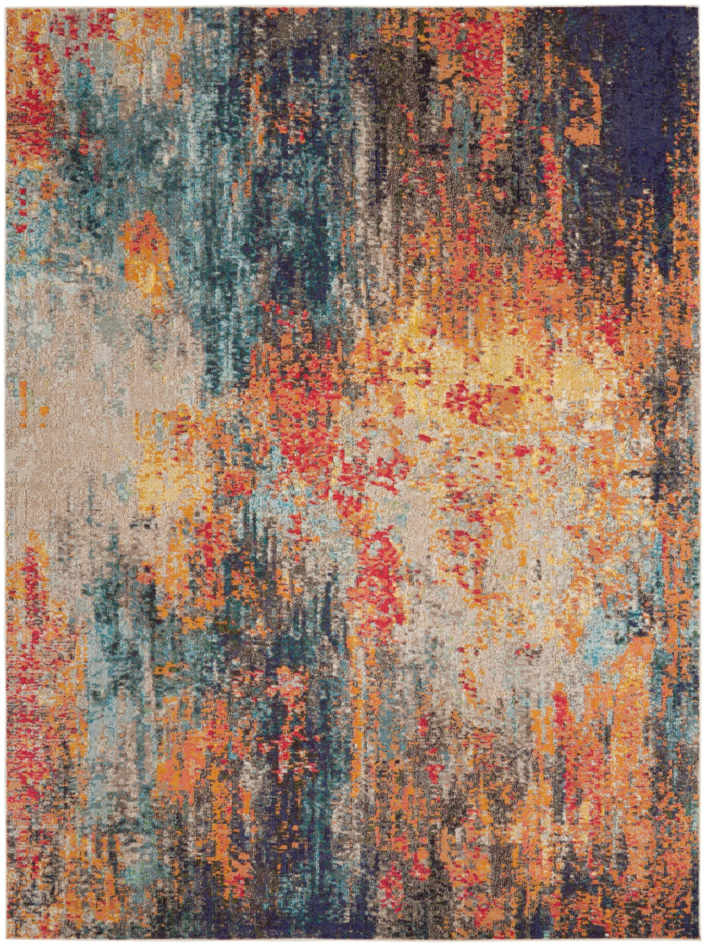 Abstract multicolor rug with teal, orange, yellow, red and beige tones in a distressed modern pattern.