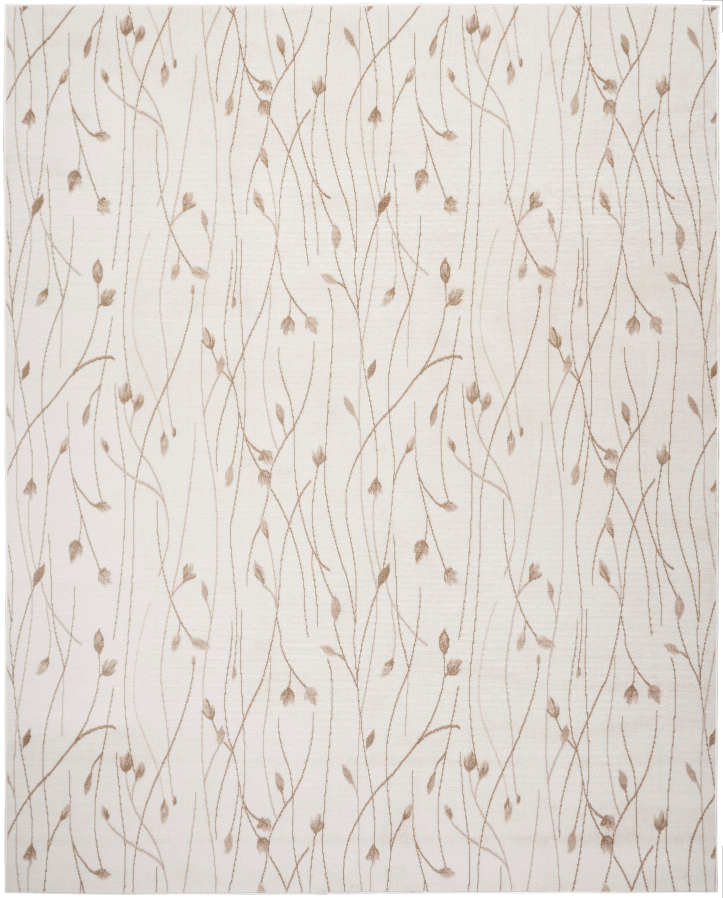 Beige wallpaper with delicate brown vines and small leaves in a repeating organic floral pattern.