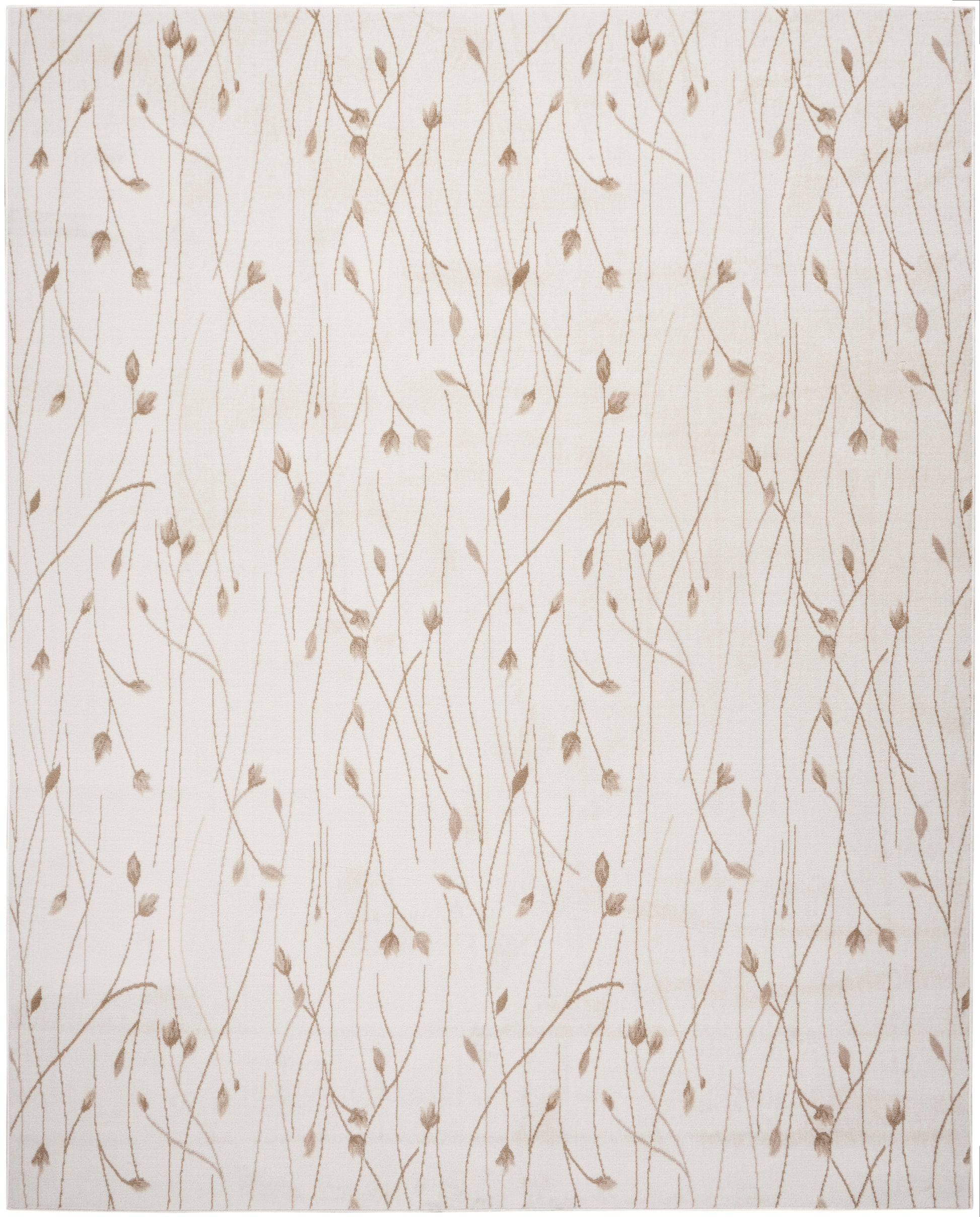 Beige wallpaper with delicate brown vines and small leaves in a repeating organic floral pattern.