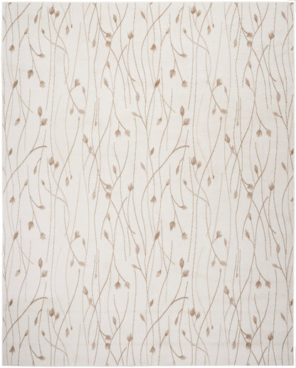 Beige wallpaper with delicate brown vines and small leaves in a repeating organic floral pattern.