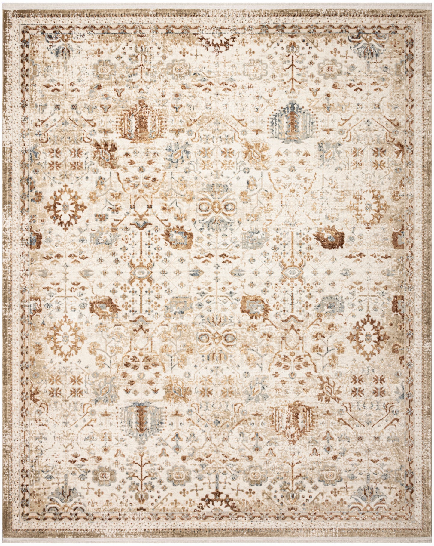 Rectangular cream beige oriental rug with distressed floral motifs in tan taupe and pale blue.