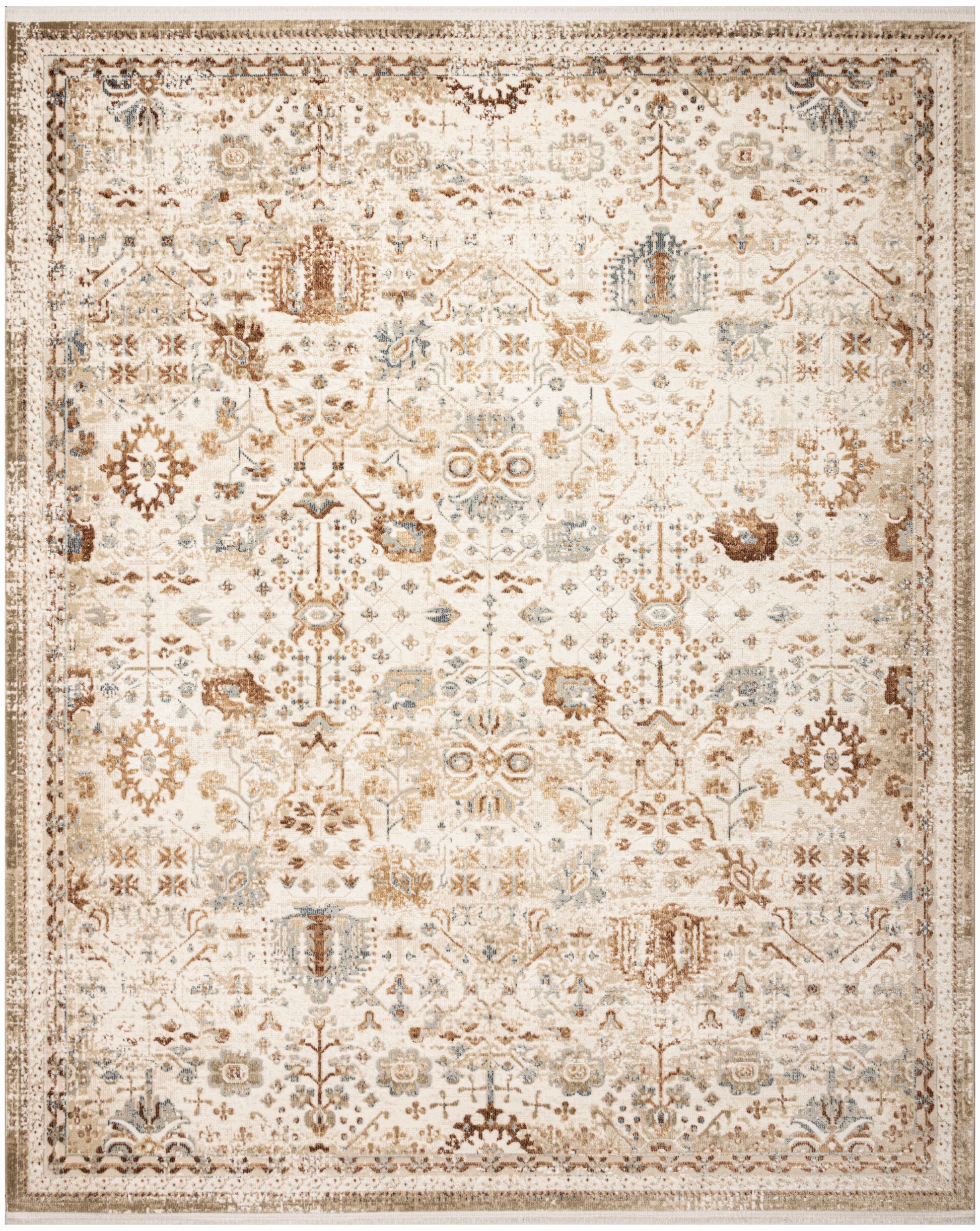 Rectangular cream beige oriental rug with distressed floral motifs in tan taupe and pale blue.