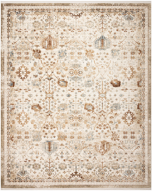 Rectangular cream beige oriental rug with distressed floral motifs in tan taupe and pale blue.