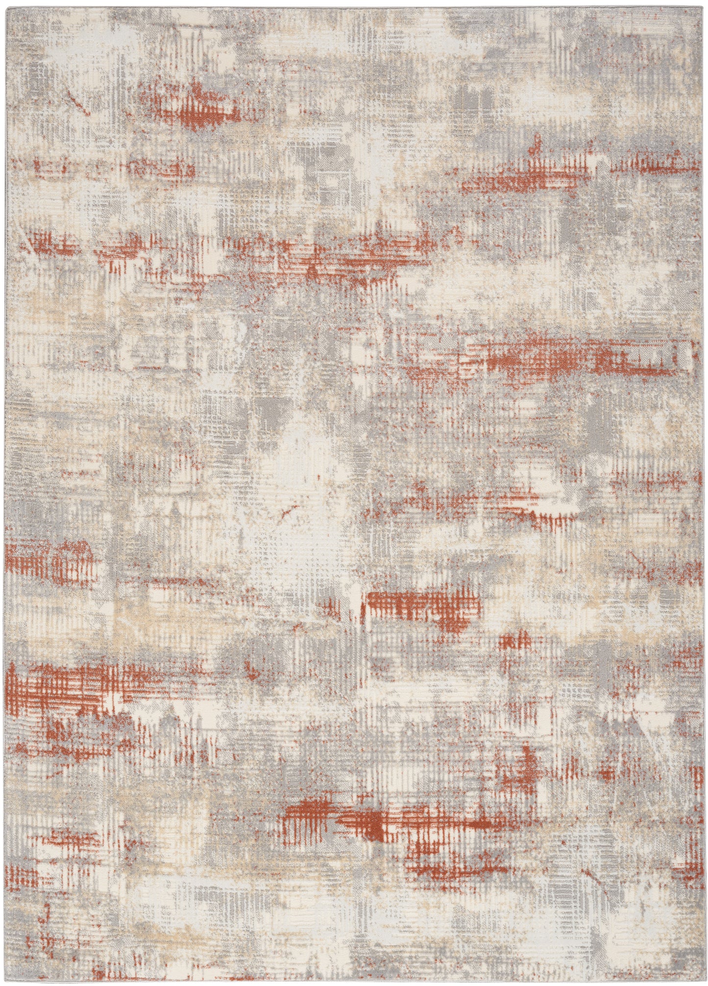Rectangular modern abstract area rug in beige, cream and gray with rust-orange brushstroke accents.