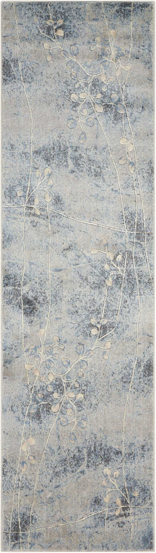 Blue-gray distressed runner rug with white vine and leaf pattern, long narrow rectangle for hallway.