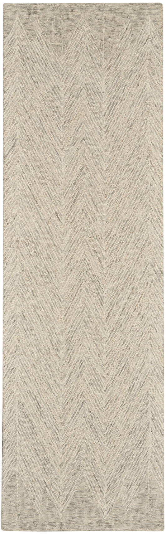 Beige looped-pile rug with cream chevron zigzag pattern, rectangular.