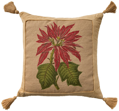 Square decorative pillow with burlap center, red flower and green leaves, tan satin border, tassels at corners.