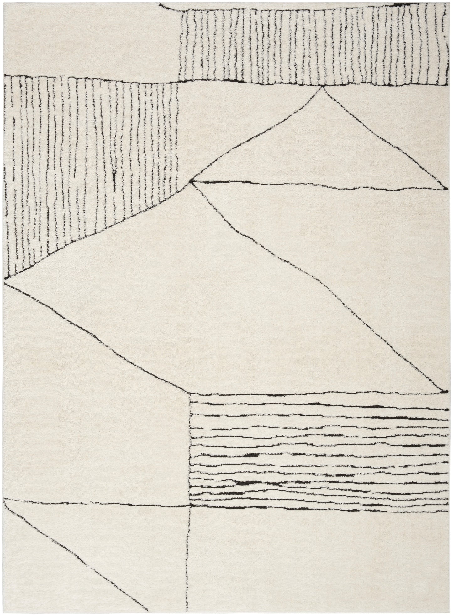 Cream area rug with black geometric lines and striped panels; modern minimalist design for living rooms.