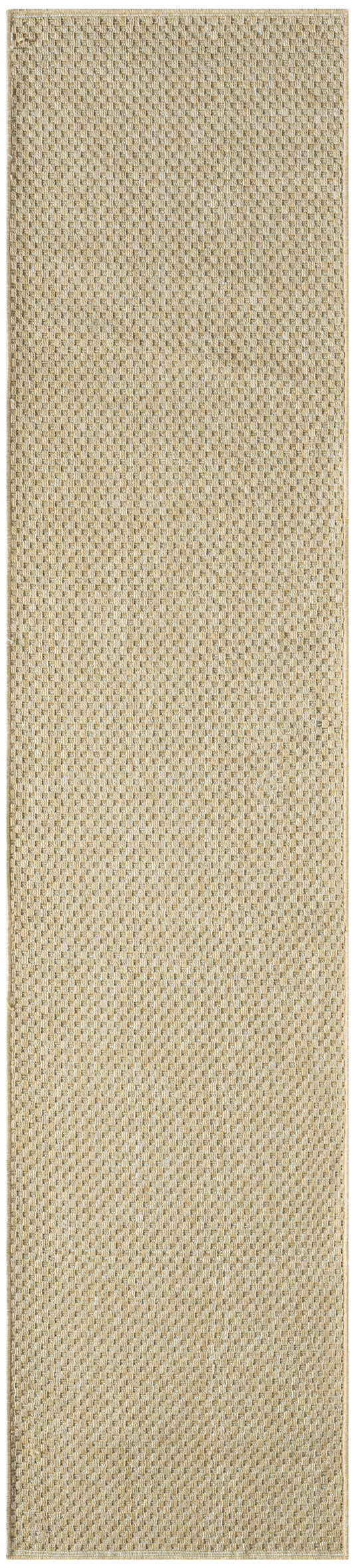 Beige basket-weave woven fabric rug runner, long narrow rectangular, natural fiber look.