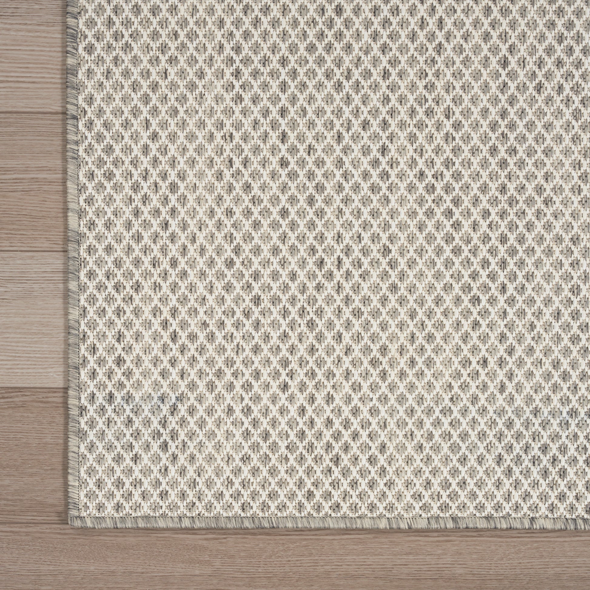 Beige flat-weave rug with grey braided fringe along edge on wooden floor.