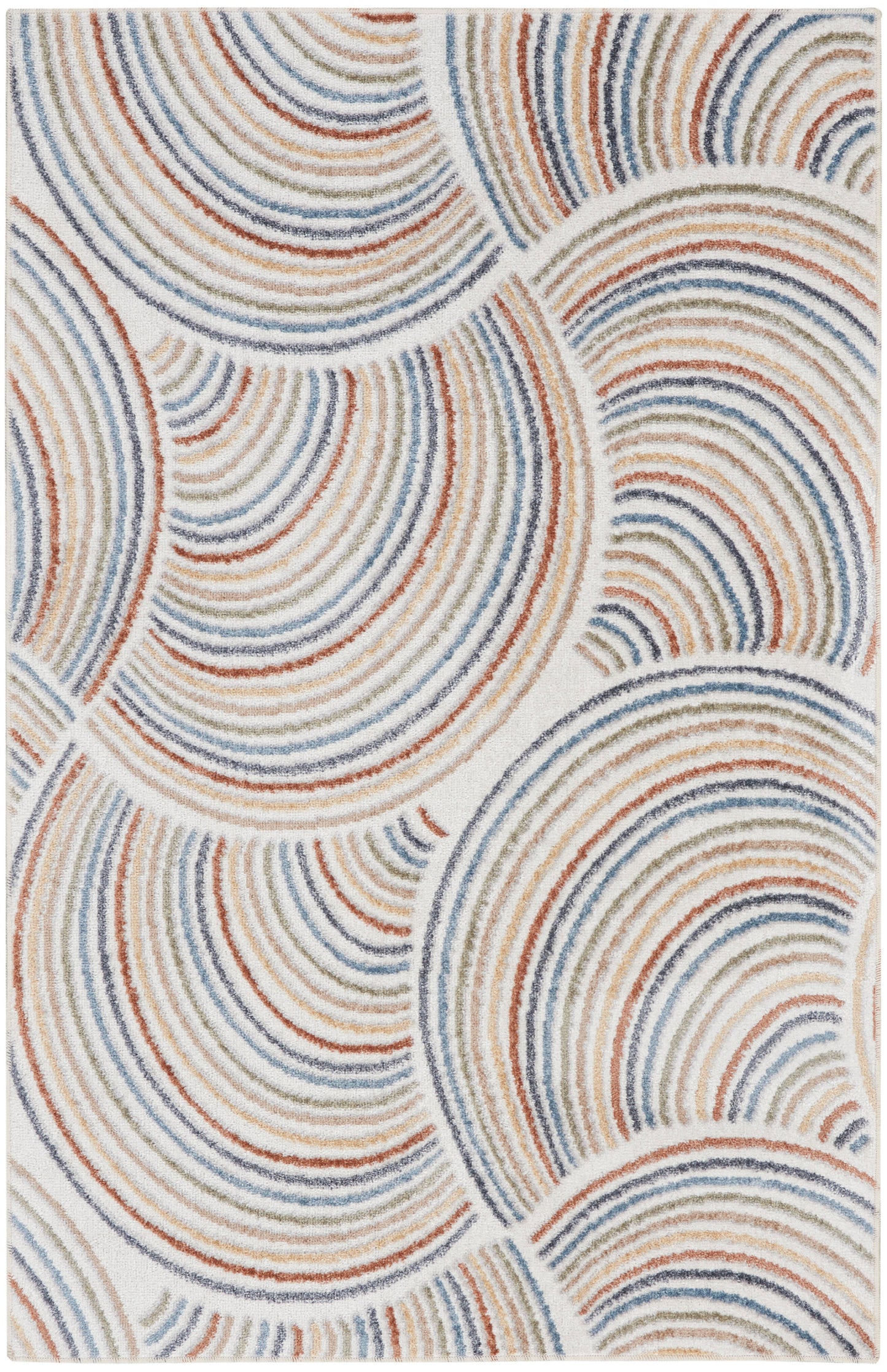 Woven rug with overlapping concentric arc patterns in blue, orange and beige on a light background.