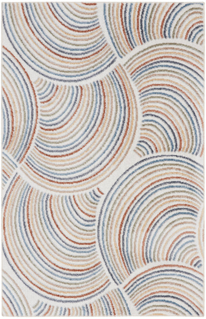 Woven rug with overlapping concentric arc patterns in blue, orange and beige on a light background.