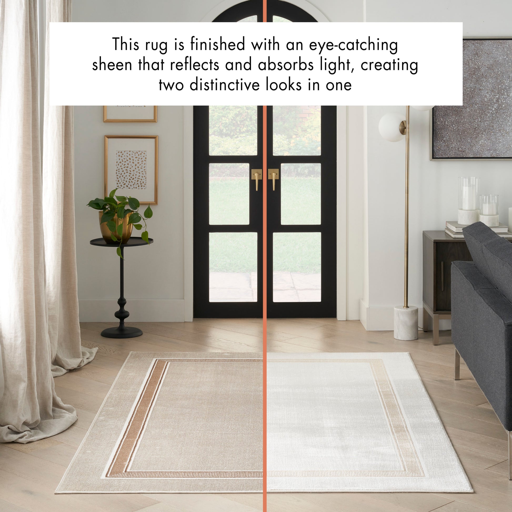 Rectangular beige area rug with dual-tone: left darker bordered section and right light ivory, in a modern living room.