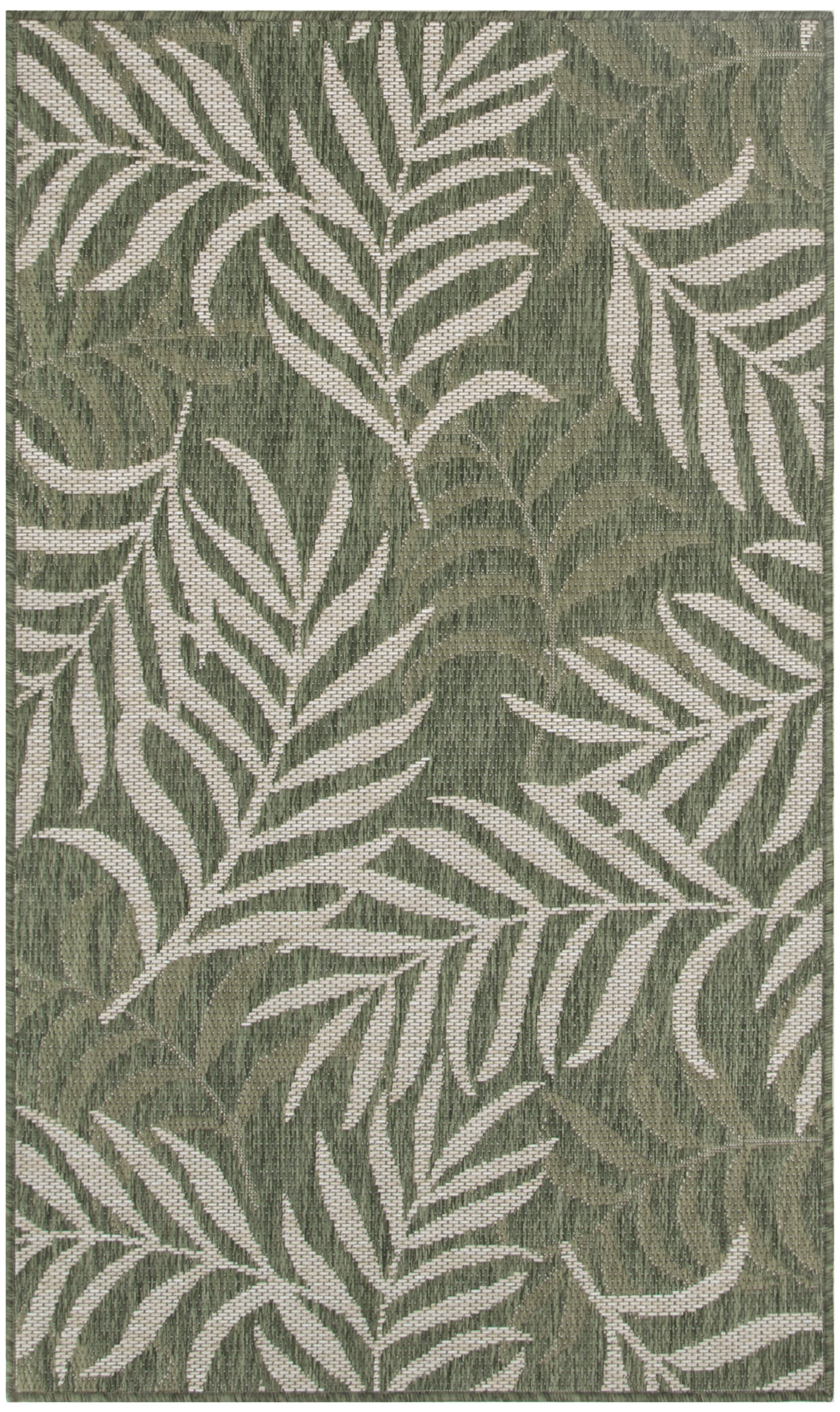Olive-green woven rug with white tropical palm leaf pattern.