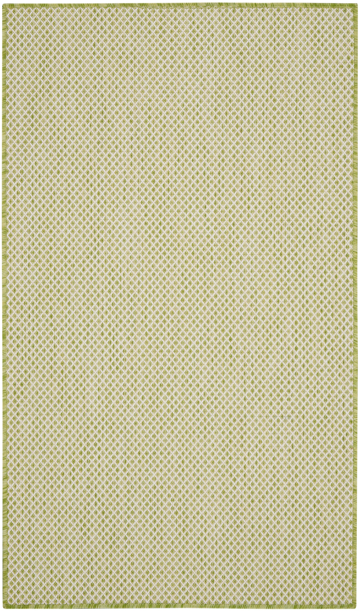 Lime-green area rug with a tiny pale-green diamond pattern and a matching border; rectangular, woven texture.