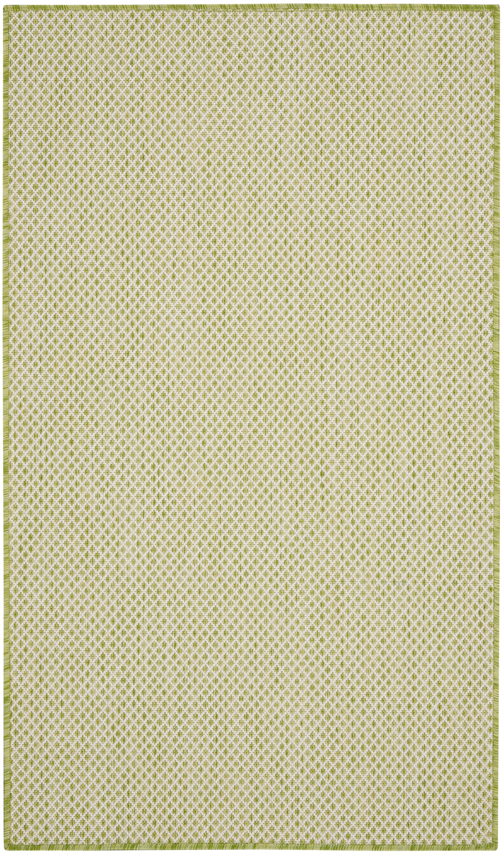Lime-green area rug with a tiny pale-green diamond pattern and a matching border; rectangular, woven texture.