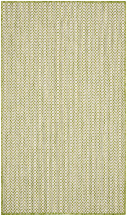 Lime-green area rug with a tiny pale-green diamond pattern and a matching border; rectangular, woven texture.