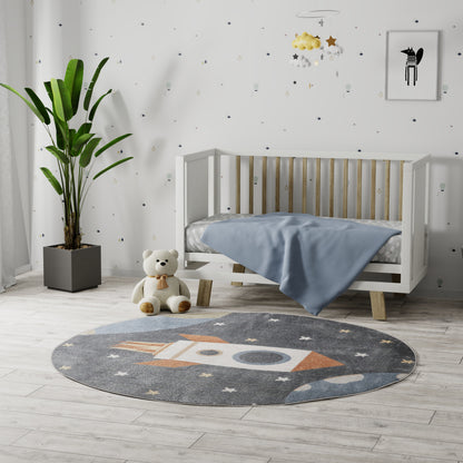 Nursery with white wooden crib, light blue blanket, round gray rocket rug, teddy bear, tall plant, starry wallpaper.