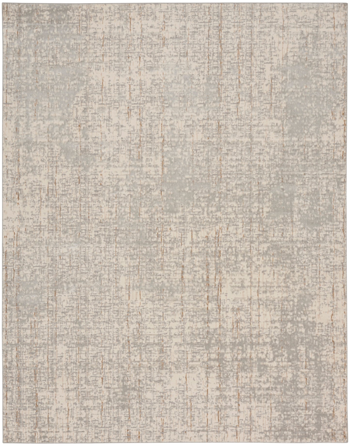 Rectangular plush rug in soft gray-beige with distressed mottling and subtle vertical streaks.
