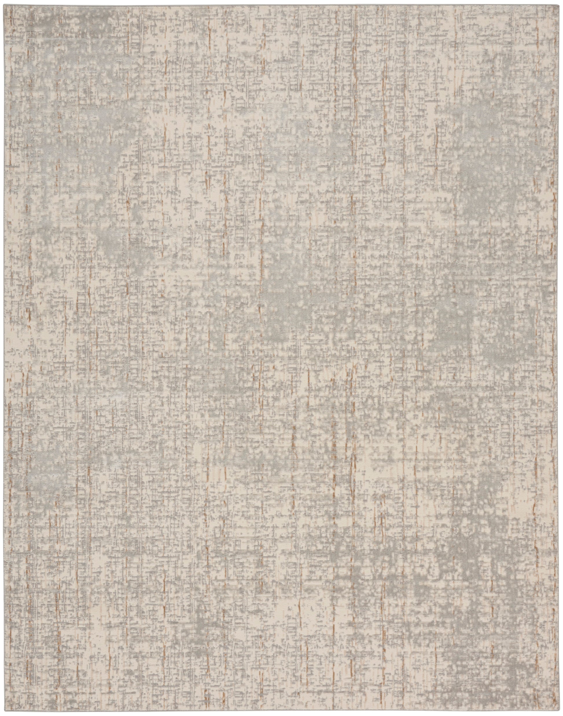Rectangular plush rug in soft gray-beige with distressed mottling and subtle vertical streaks.