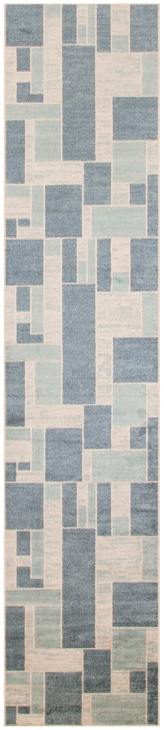 Rectangular area rug with interlocking blue and ivory geometric brick-pattern blocks.
