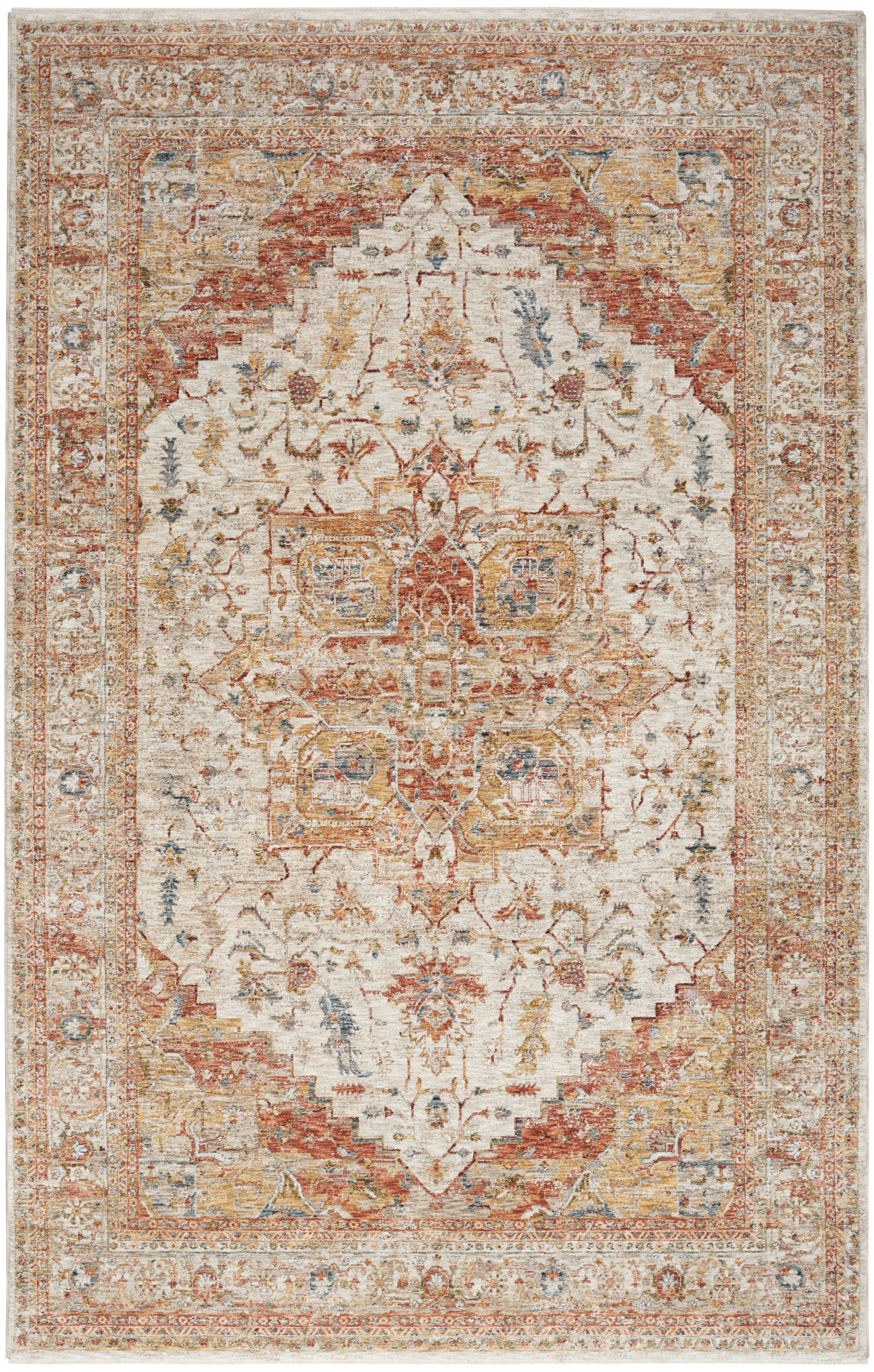 Rectangular Persian-style area rug with ivory field, rust-red and gold accents, blue floral motifs and ornate borders.