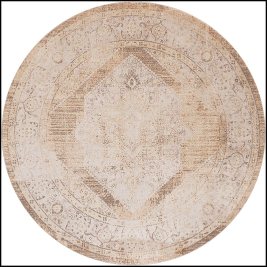 Round distressed beige rug with vintage oriental medallion, ivory and tan tones, faded floral border.