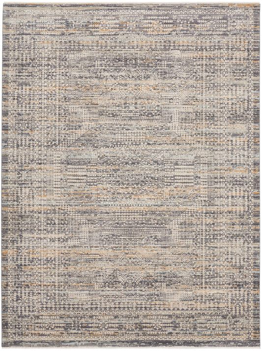 Distressed gray & ivory area rug with faded geometric oriental motifs & subtle tan accents.