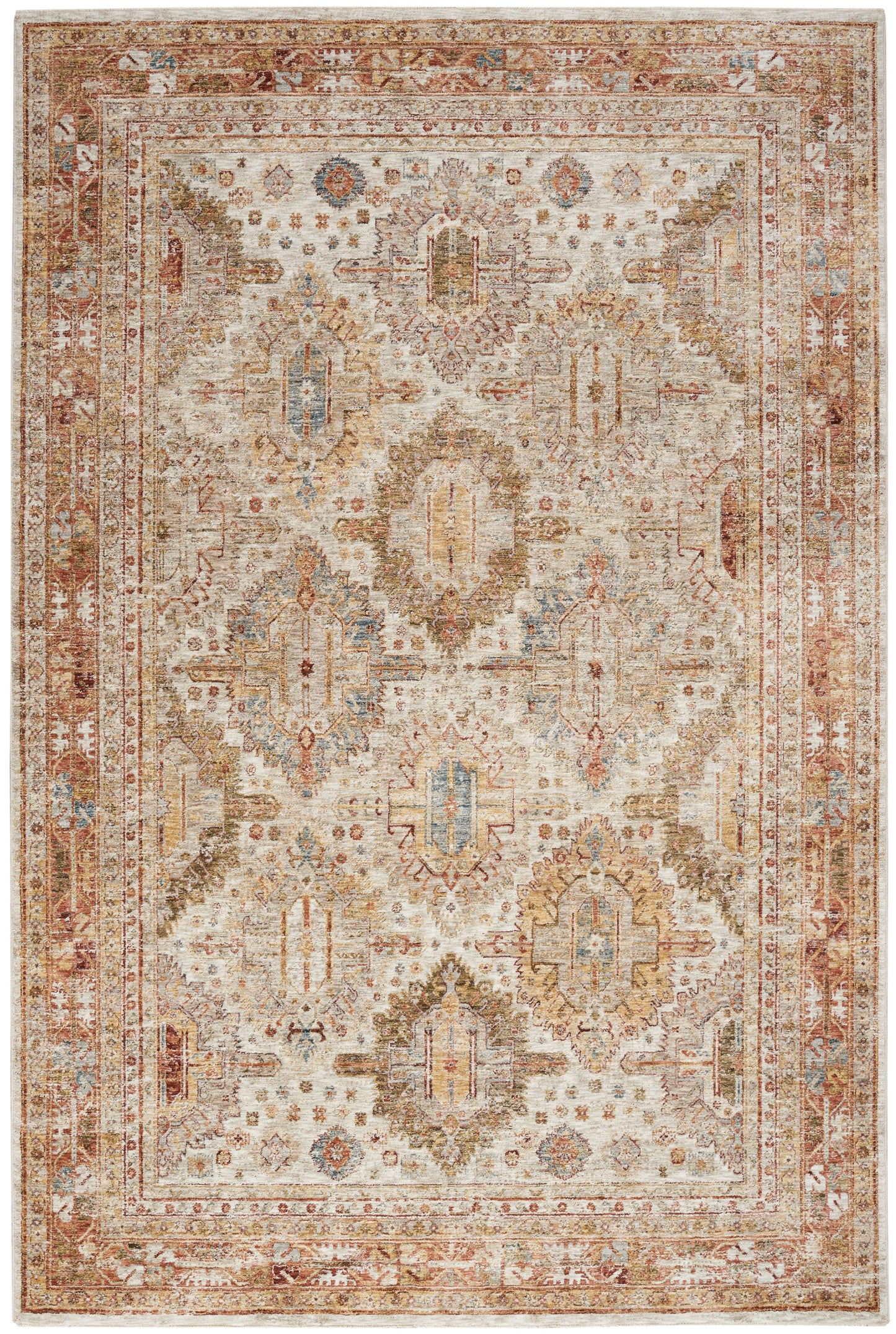 Rectangular vintage area rug with ivory field, red border, and blue, gold, rust floral medallion motifs.