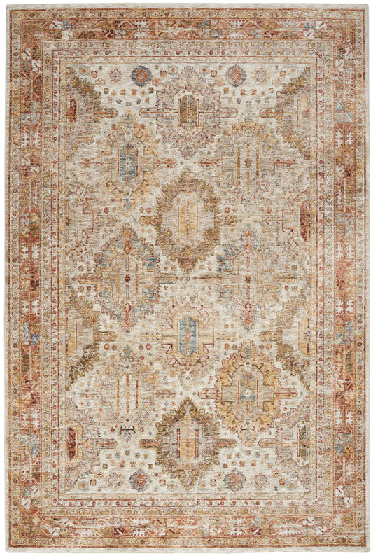 Rectangular vintage area rug with ivory field, red border, and blue, gold, rust floral medallion motifs.