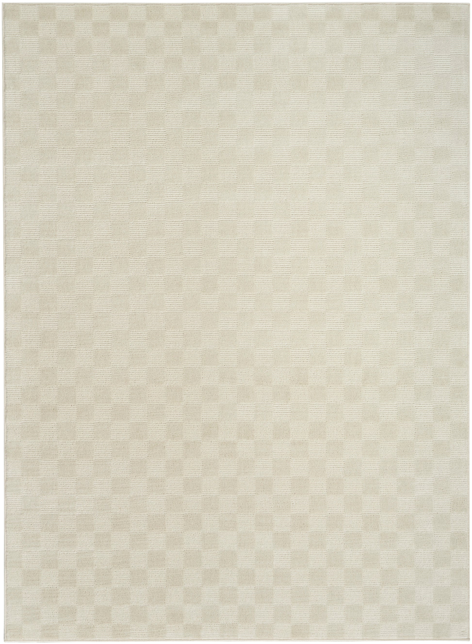 Beige textured area rug with a subtle checkerboard weave and soft cream tones.