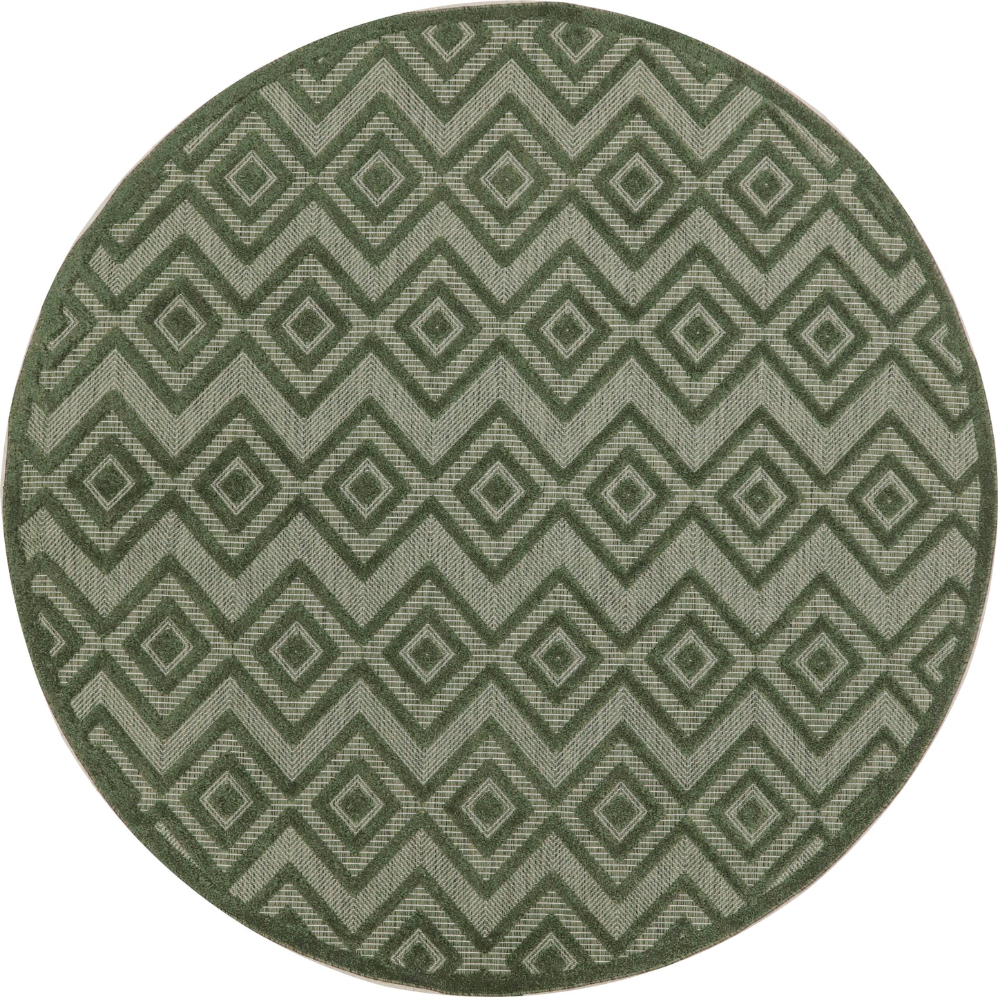 Round green rug with interlocking diamond geometric pattern in light and dark greens.
