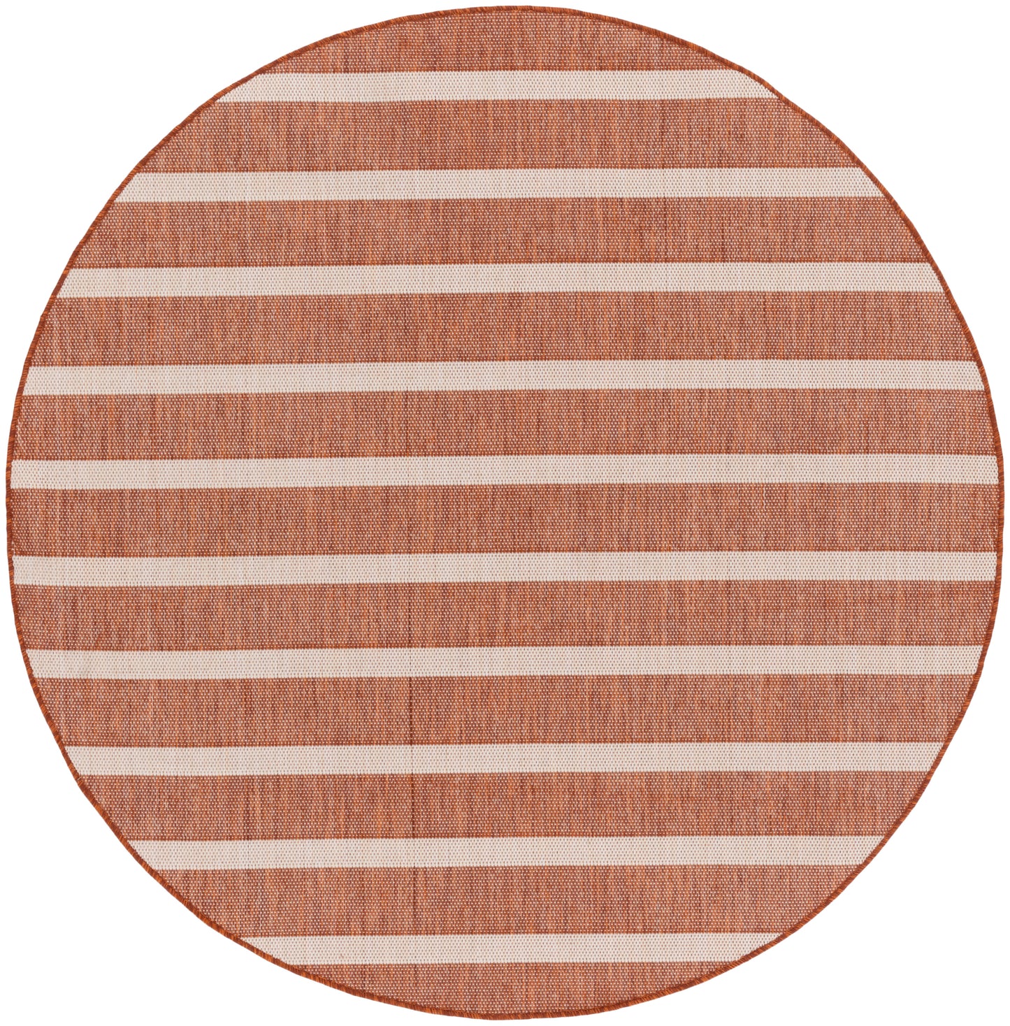 Round terracotta woven rug with white horizontal stripes; warm, textured jute look.