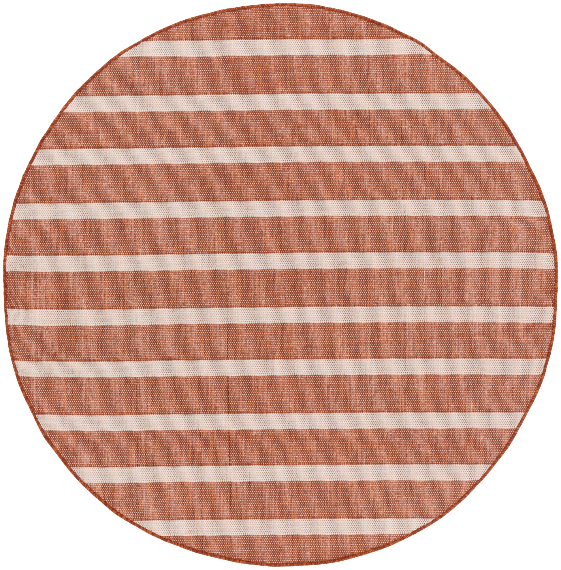 Round terracotta woven rug with white horizontal stripes; warm, textured jute look.