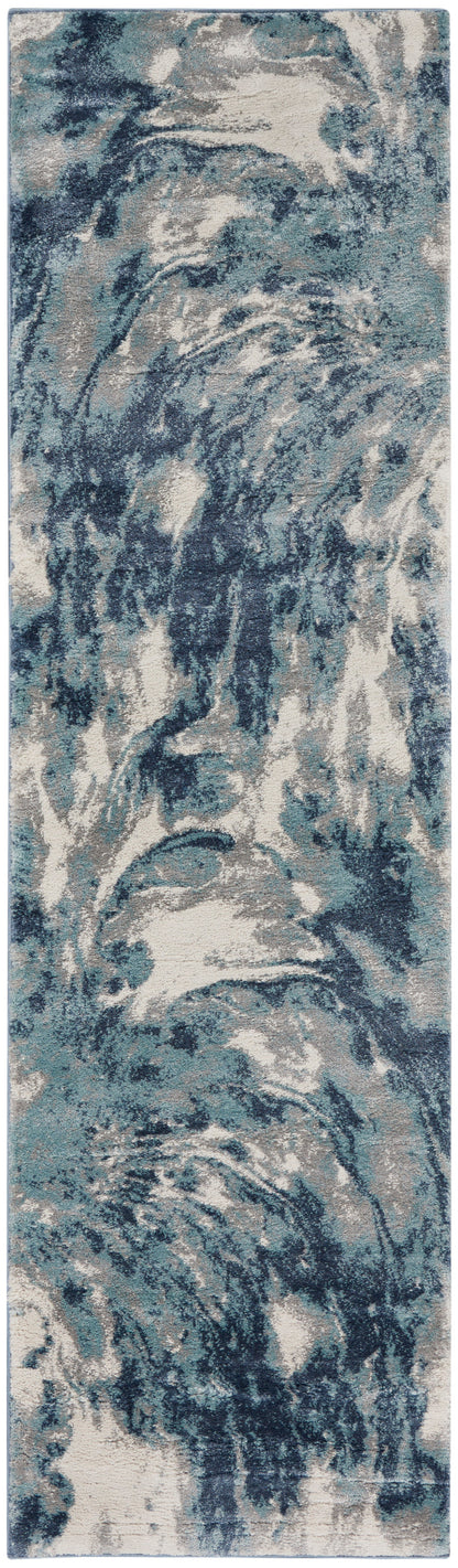 Long rectangular rug with blue-gray watercolor swirls; abstract pattern, ideal as an 8' runner.