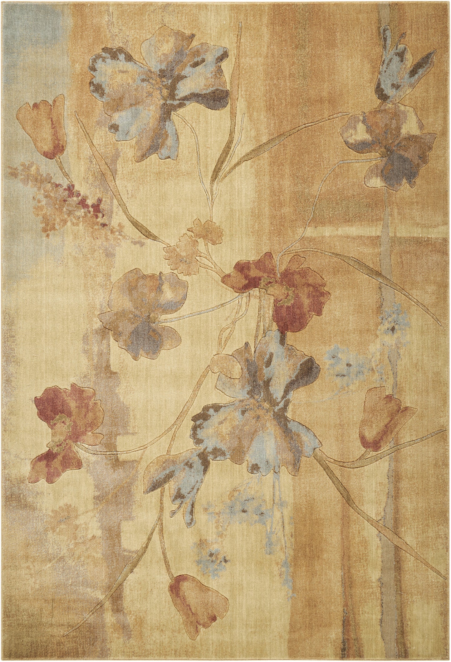 Pastel beige-gold rug with flowing blue and burgundy floral pattern on twisting stems.