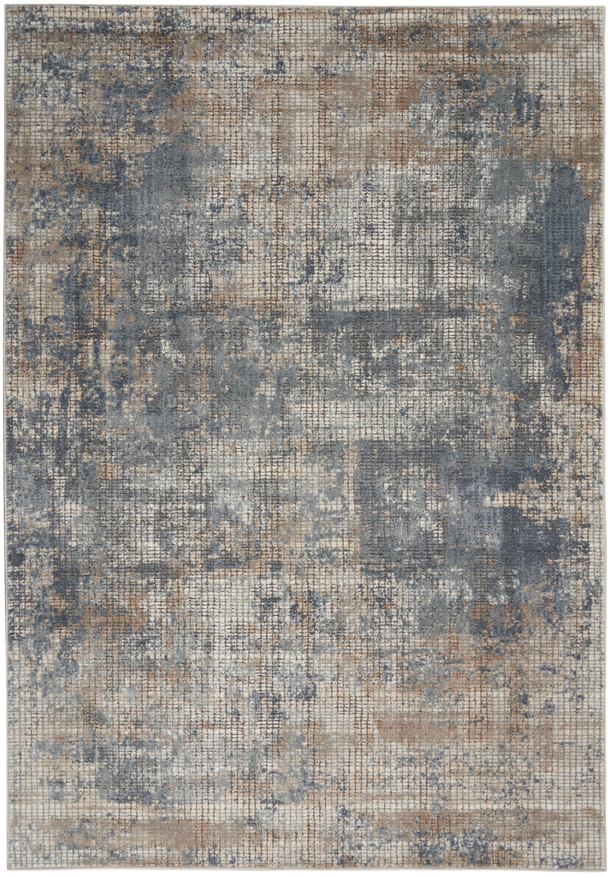 Distressed abstract area rug in blue, gray and beige tones with a subtle grid pattern; modern vintage rectangle, 4' x 6'.