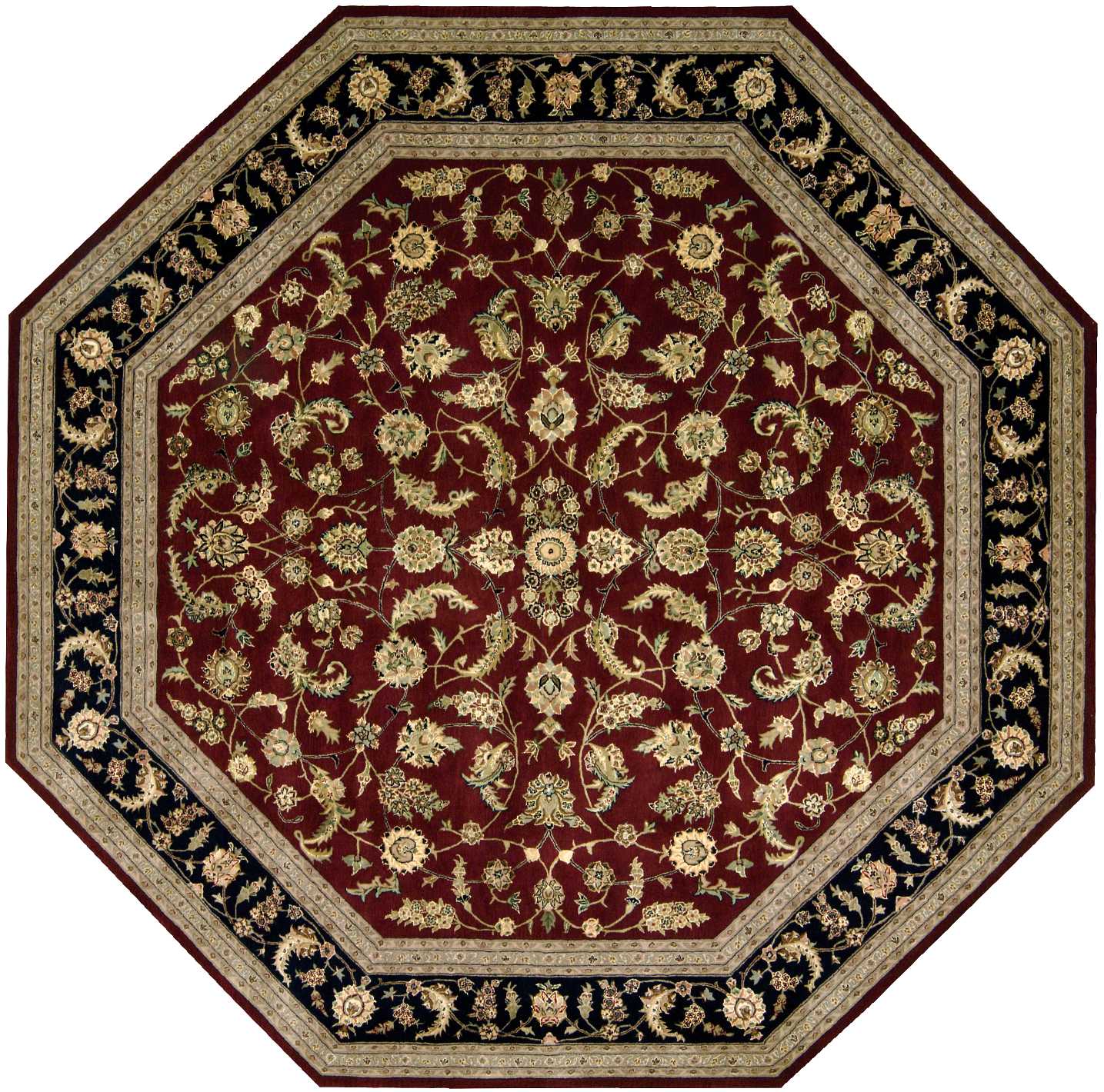 Octagonal Persian-style rug with burgundy field and gold floral vines, bordered by black and beige ornamental bands.