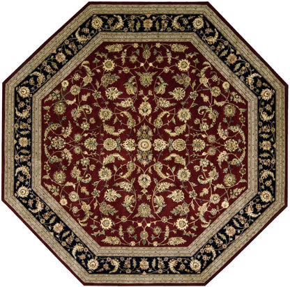 Octagonal Persian-style rug with burgundy field and gold floral vines, bordered by black and beige ornamental bands.