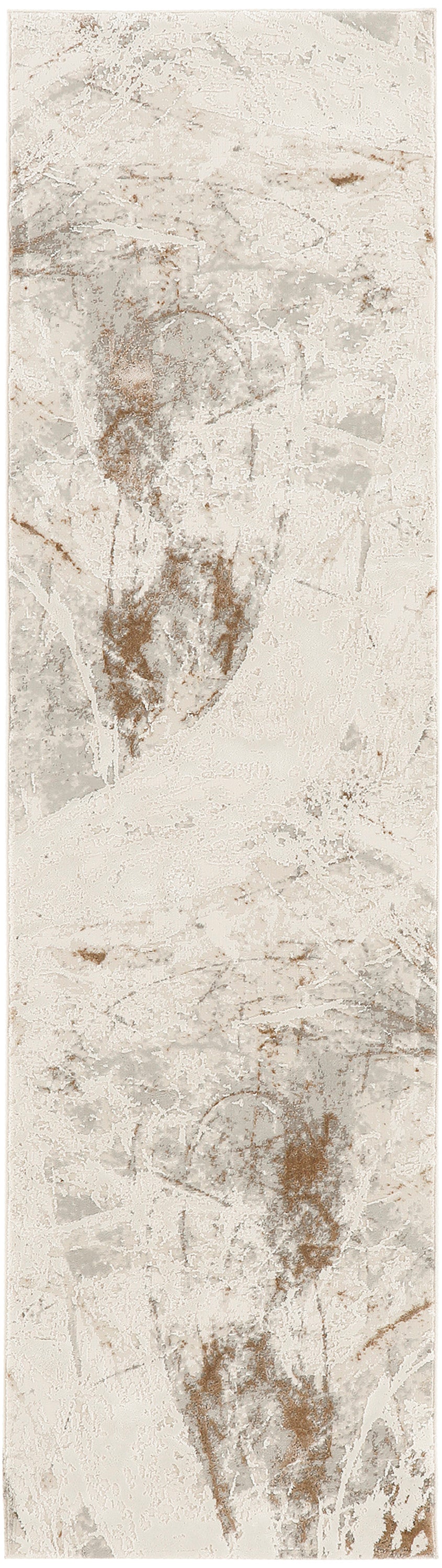 Slim modern rug runner with a textured surface, off-white with brown weathered accents & a rustic distressed finish