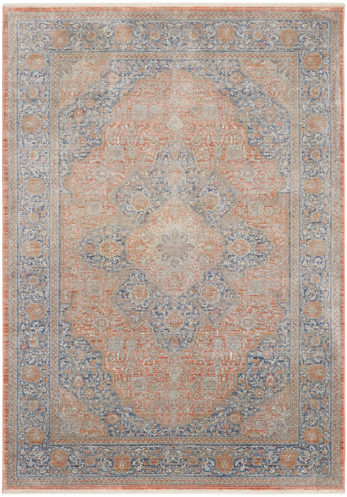 Persian-inspired area rug in peach, blue and beige with a large central medallion and distressed border.